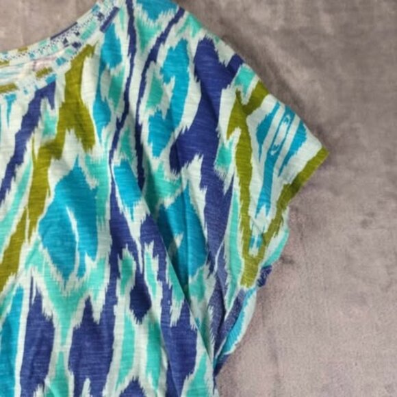 Lane Bryant Ikat Green & Blue Print Cotton Top Drawstring Hem 18/20 100% Cotton - Picture 7 of 10
